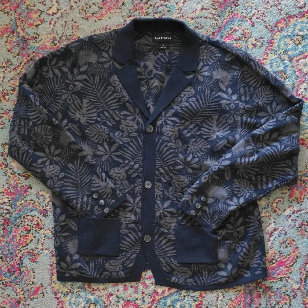 Paul Fredrick Navy and Charcoal Floral Jacquard Cardigan - Picture 1 of 6